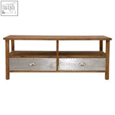 Rustic shoreditch coffee table with silver metal drawers, riveted edges, round brass handles, and fir wood legs on durable mdf