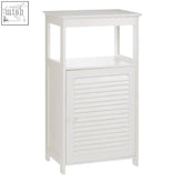 White wood floor cabinet with louvered door and open shelf above for wood floor storage and decor