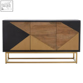Modern geometric siena three door sideboard with black gold wood and matte panels perfect for living room storage
