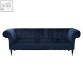 Siena three seat midnight velvet sofa in navy blue velvet with rolled arms tufted back and pointed legs