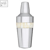 A sleek silver cocktail shaker with stainless steel body and decorative mother of pearl inlay for stylish mixing
