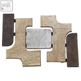This metal wall sculpture features geometric wooden panels in natural tones with a central silver metal panel