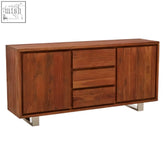 Rich brown simla acacia wood sideboard with 2 doors 3 drawers and sleek silver metal legs for stylish storage