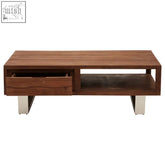 Modern simla acacia wood coffee table with drawer and open shelf featuring sleek metallic legs for living room