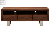 Modern walnut-finished simla acacia wood media unit with three wavy drawer fronts and sleek chrome legs wood media unit