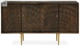 Dark brown mango wood sideboard with intricate fan carved panels and slim gold tone legs perfect for stylish storage