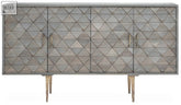 Gray mango wood sideboard with diamond-patterned panels and brass handles perfect for stylish storage