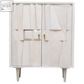 White geometric two door cabinet with gold handles and tapered legs made of mango wood abstract finish