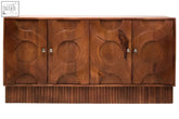 Brown four door mango wood sideboard with circular embossed panels and vertical grooved base for stylish storage
