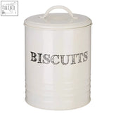 Cream-colored metal biscuit canister with handle and black stenciled biscuits text sketch cream biscuit canister