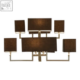 Modern Skye 12 bulb pendant light with six brown fabric shades on a sleek frame ideal for dining tables and bulb pendant use