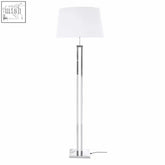 A sleek skye floor lamp with a white fabric shade and tall chrome dual rod base for modern lighting