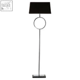 Skye floor lamp with stone base featuring a sleek chrome stem, circular ring, and black rectangular shade