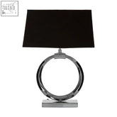 Skye table lamp with chrome single ring base and rectangular black fabric shade for modern lighting styles