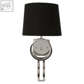 Skye wall lamp with chrome asymmetric ring base and matte black drum shade for modern wall lighting