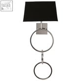 Black rectangular lampshade skye wall light with sleek silver metal fixture and dual interlocking circular rings base