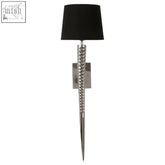 Silver-toned skye wall light with black fabric shade and beaded spear-like stem perfect for stylish wall lighting