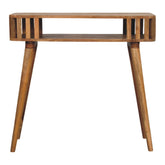 Minimalist oak-ish console table with tapered legs and open shelf slatted panel form design