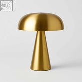 Gold-finished sleek abstract lamp with a mushroom shape and brushed metal surface perfect for modern decor