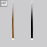 Two sleek drop pendant lights in brushed brass and matte black with tapered bodies and glowing white bases