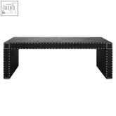 Black leather sloane coffee table with silver finish rivets along edges and legs for stylish living rooms