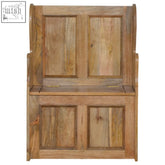 Back view of small monks storage bench with solid mango wood and rustic finish featuring two panel doors