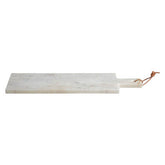 Small white marble serving board with natural stone texture and rustic rope handle perfect for chopping and serving