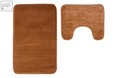 Brown plush soak camel bath and pedestal mat set with rectangular main mat and matching toilet seat cover