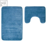 Soak denim blue plush bath mat set with rectangular main mat and arched toilet seat cover for denim blue bath