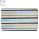 Rectangular soak stripe design bath mat with soft microfiber surface and pastel blue gray cream stripes