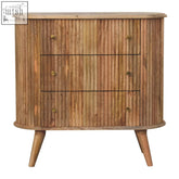 A rustic soba nordic chest of drawers with vertical slats made from oak solid mango wood and tapered legs