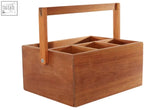 A sturdy light brown acacia cutlery caddy with six compartments and a handle perfect for organizing cutlery