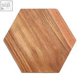 Socorro acacia hexagonal wooden serving board with black edge and natural light brown finish showing wood grain