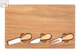 Wooden socorro cheese board in acacia wood with three heart cutouts holding knife fork and spreader