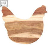 A rustic hen motif wooden serving board with cream edge and natural striped grain perfect for chopping and serving