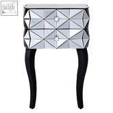 Soho 2 drawer bedside table with silver mirrored geometric pattern and black curved legs perfect as a drawer bedside table