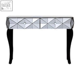 Silver mirrored soho smoke glass console table with geometric diamond drawers and sleek black curved legs