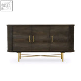 Dark wood sojat mango wood sideboard with vertical slats gold-tone handles and slender crossed legs wood sideboard