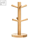 Light-colored soka rubber wood cup mug tree with natural wood grain and five horizontal branches for mugs