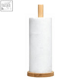 White paper kitchen roll on soka rubber wood roll holder with circular base and vertical handle