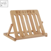 Light-colored hevea wood cookbook stand with recipes engraved at the top by soka tropical hevea wood