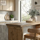 Rustic solid wood dining table with thick natural finish countertop and sturdy vertical supports for breakfast bar use