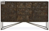 Dark bronze sideboard with geometric embossed paneling and sleek metal frame in grey washed carved mango wood