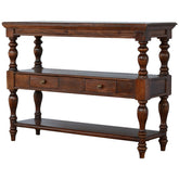 Dark brown solid wood console table with turned legs and two drawers for stylish storage and decor