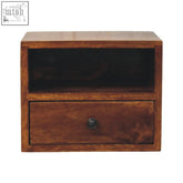 Rustic brown solid mango wood wall mounted nightstand with one drawer and black metal knob in chestnut finish