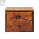 A warm chestnut wall mounted two-drawer chest made of solid mango wood with dark metal knobs