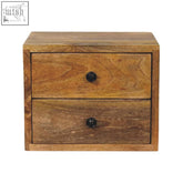 Rustic wall mounted oak-ish nightstand with two storage drawers and black metal knobs in natural wood finish
