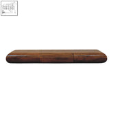 A sleek dark brown natural mango wood solis wall mounted console chest with smooth polished finish and rounded edges