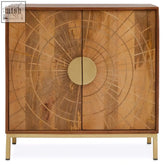 Wooden mango wood sideboard with sunburst design doors and gold-tone metal legs for stylish storage