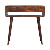 A sleek mid-century modern wooden sonata chestnut console table with two drawers and tapered legs